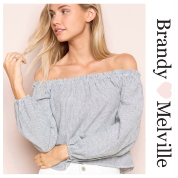 Brandy Melville Tops - Navy Stripe “Theia” Off-Shoulder Crop Top